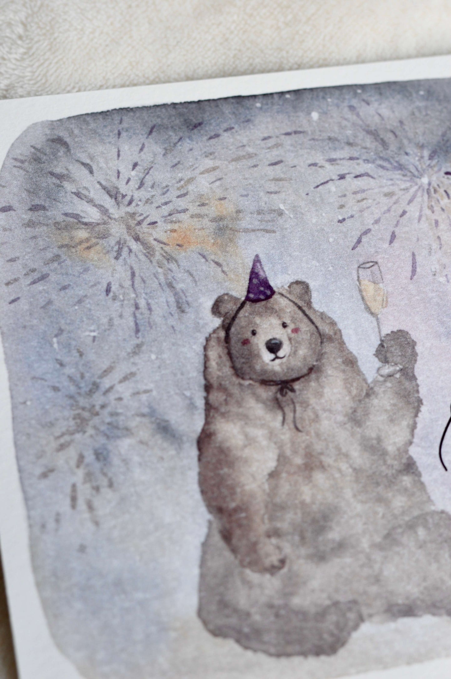 Karte zum Neujahr Silvester Bär Happy New Year - quadratisch 15 x 15 cm
