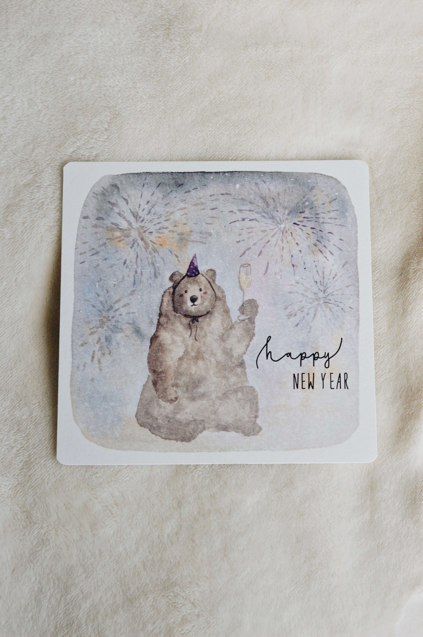 Karte zum Neujahr Silvester Bär Happy New Year - quadratisch 15 x 15 cm