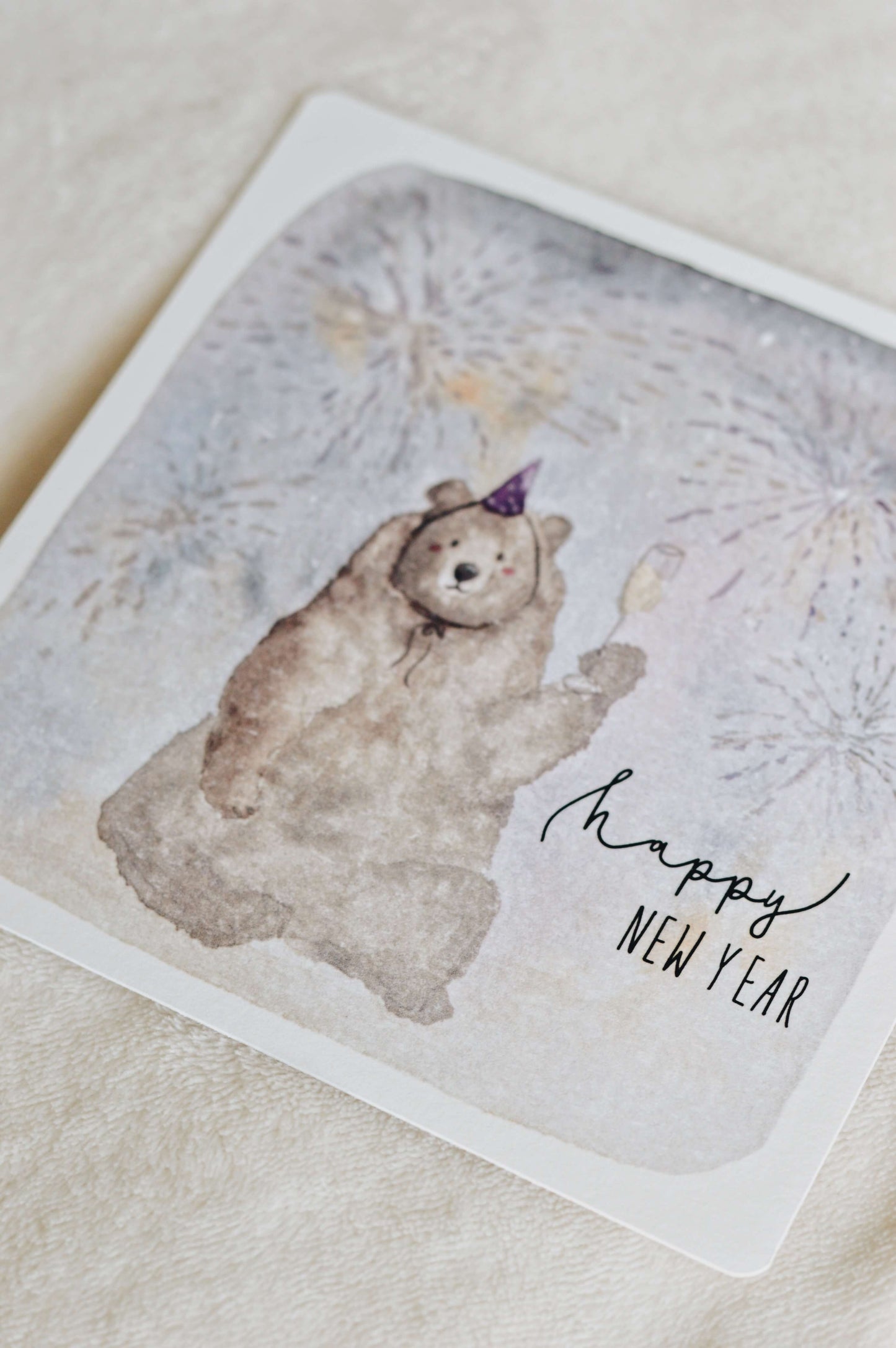 Karte zum Neujahr Silvester Bär Happy New Year - quadratisch 15 x 15 cm