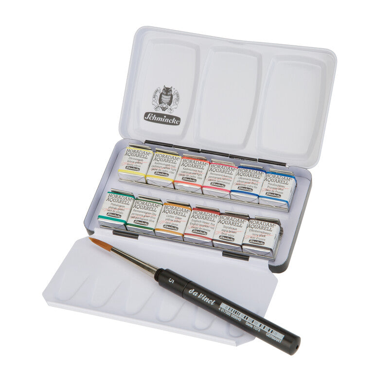 SCHMINCKE HORADAM® Aquarell Metallkasten mit Pinsel| 12 x 1/2 Näpfchen