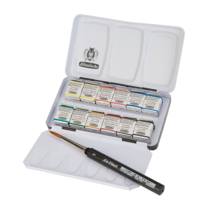 SCHMINCKE HORADAM® Aquarell Metallkasten mit Pinsel| 12 x 1/2 Näpfchen