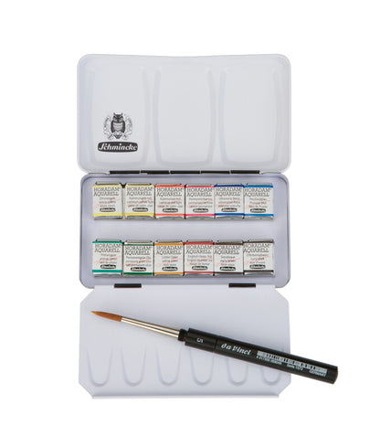 SCHMINCKE HORADAM® Aquarell Metallkasten mit Pinsel| 12 x 1/2 Näpfchen